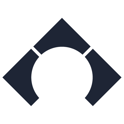 Abstract dark blue geometric shape with three trapezoids forming an arch around a white circular negative space.