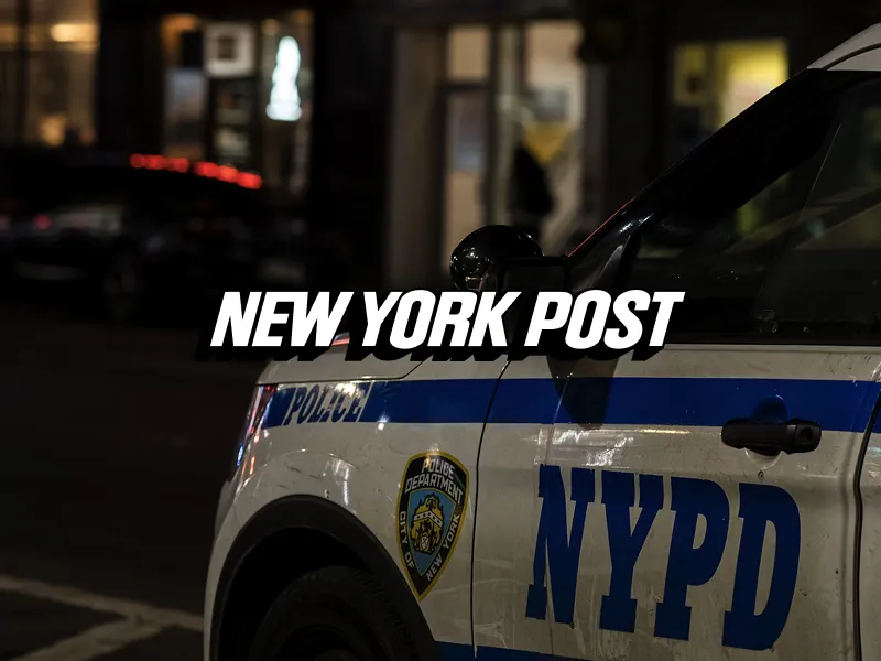Side view of a New York Police Department (NYPD) vehicle at night with blurred city lights in the background and the text 'NEW YORK POST' overlaid.