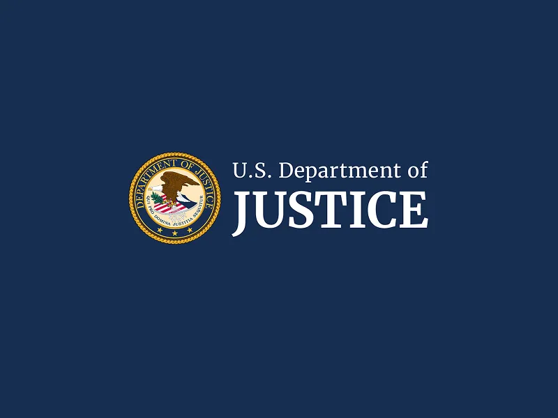 U.S. Department of Justice seal and text on a dark blue background.