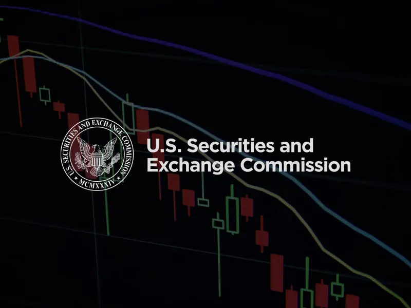 U.S. Securities and Exchange Commission logo and text over a financial candlestick chart background.