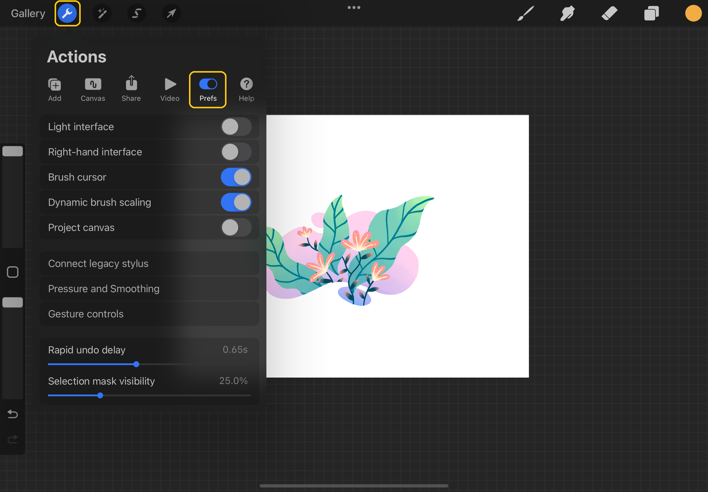 Open the action menu and tap prefs