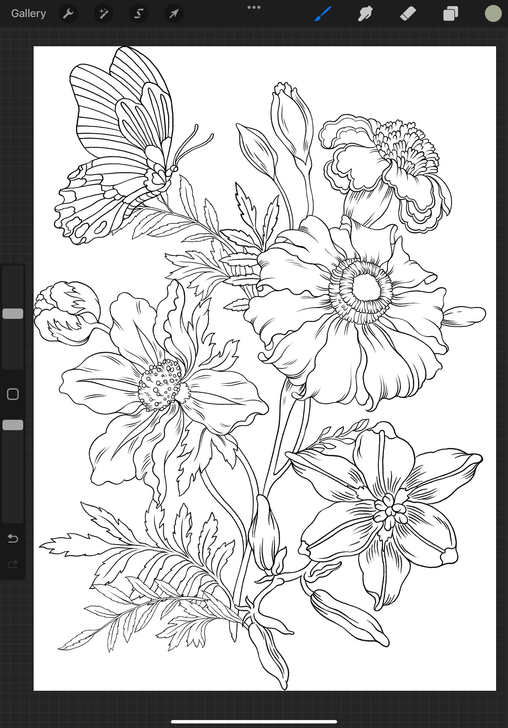 A coloring page with Flowers and Butterflies