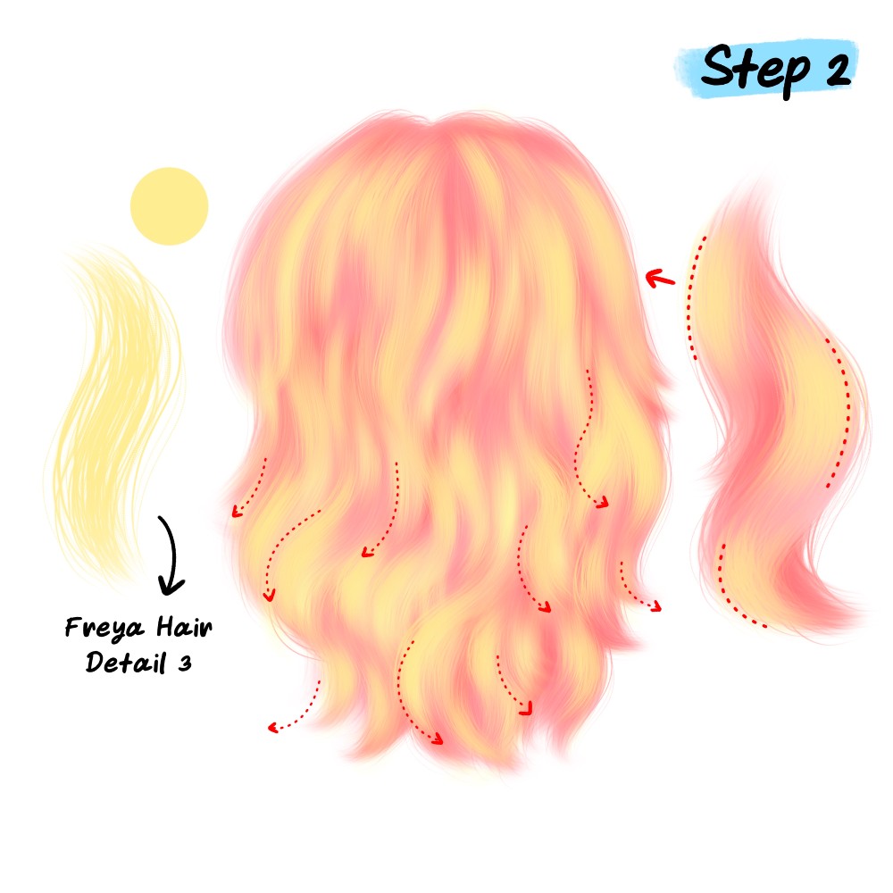 Adding yellow highlights to pink base using Freya Hair Detail 3 brush in Procreate