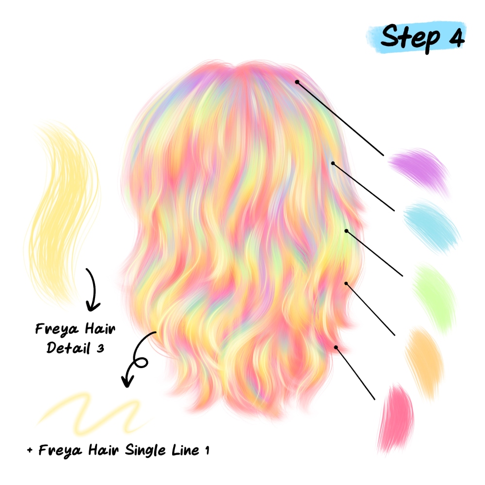 Painting colorful rainbow strands and highlights with Freya Hair Detail 3 brush in Procreate