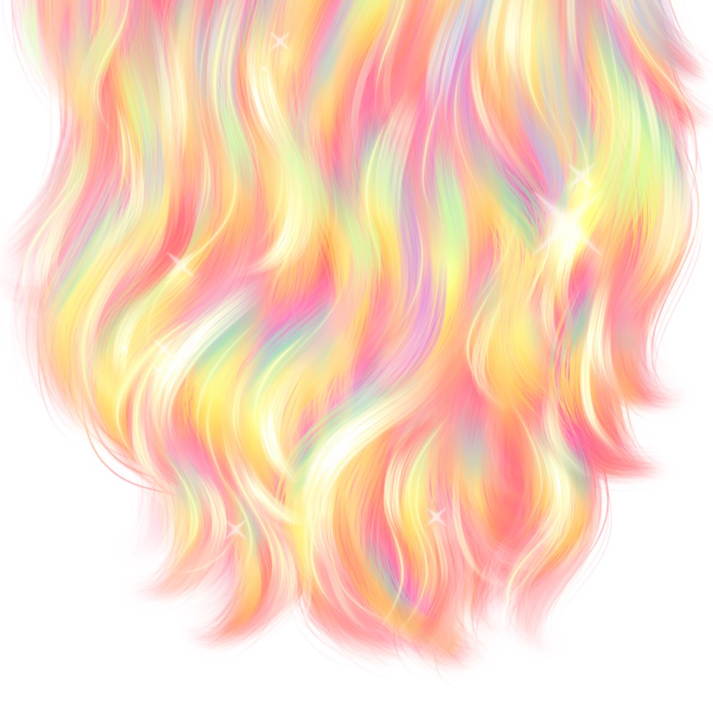 Close-up of colorful rainbow hair painted in Procreate showing smooth brush texture and glowing highlights