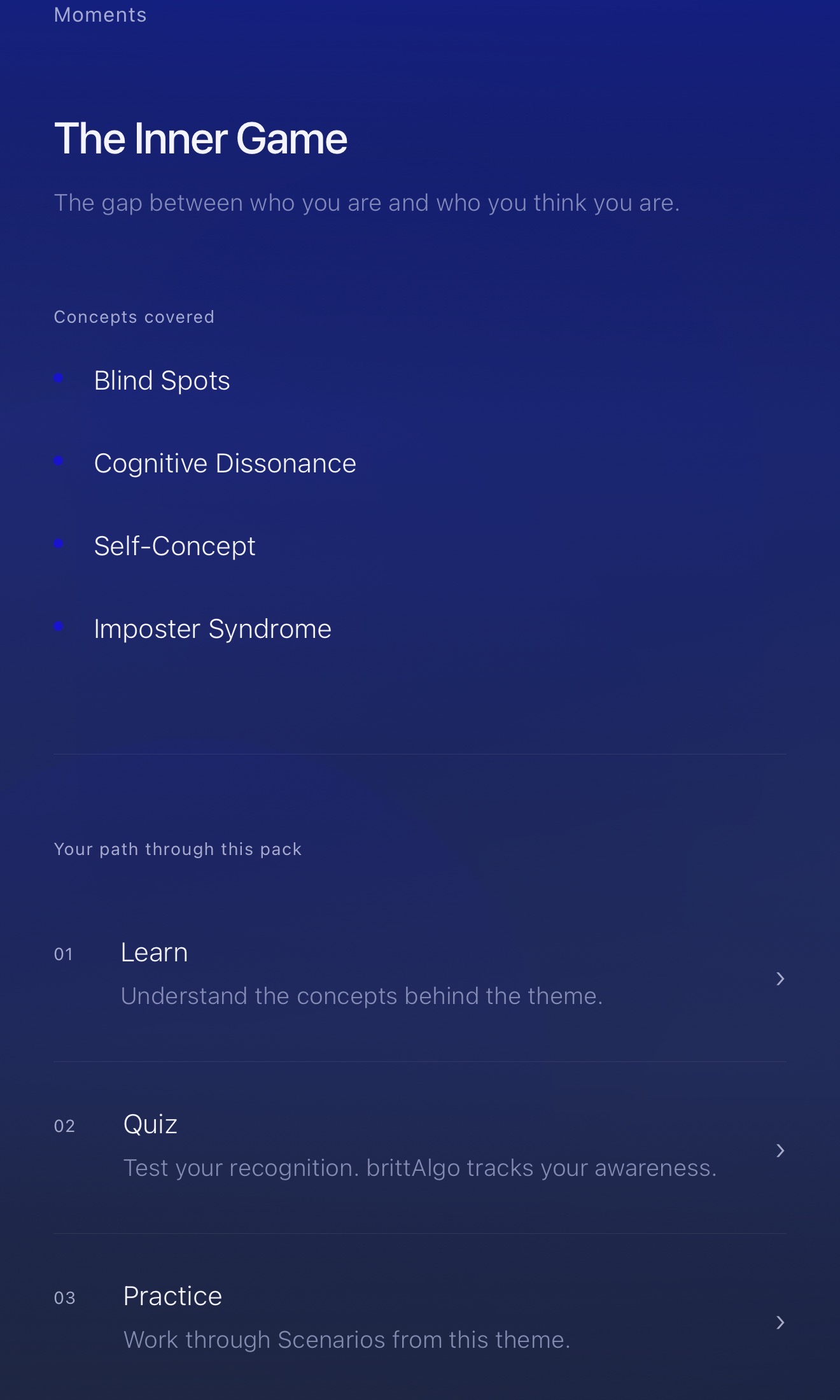 A ForgeEQ pack: The Inner Game, with its concepts and a learn, quiz, practice path
