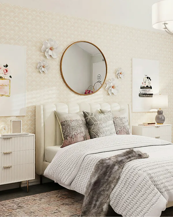 Bed with gold round mirror above headboard