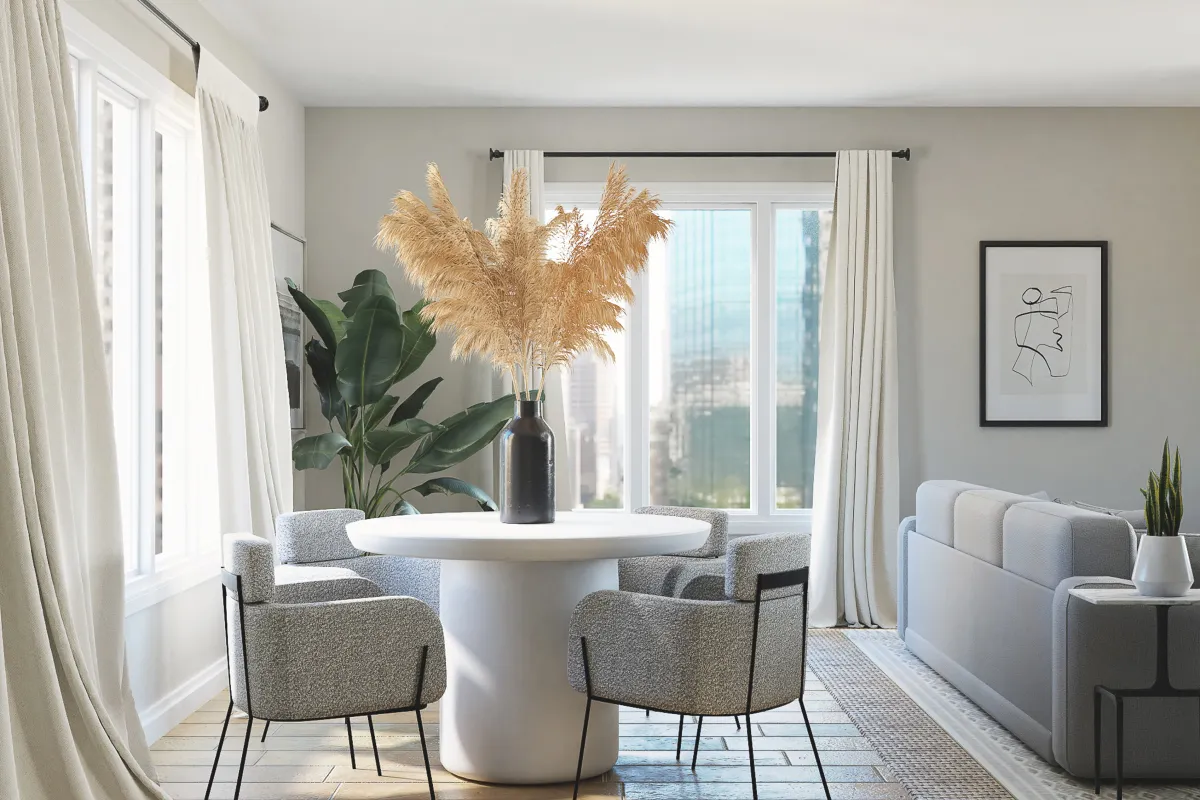 Apartment room with window and pampas grass on table