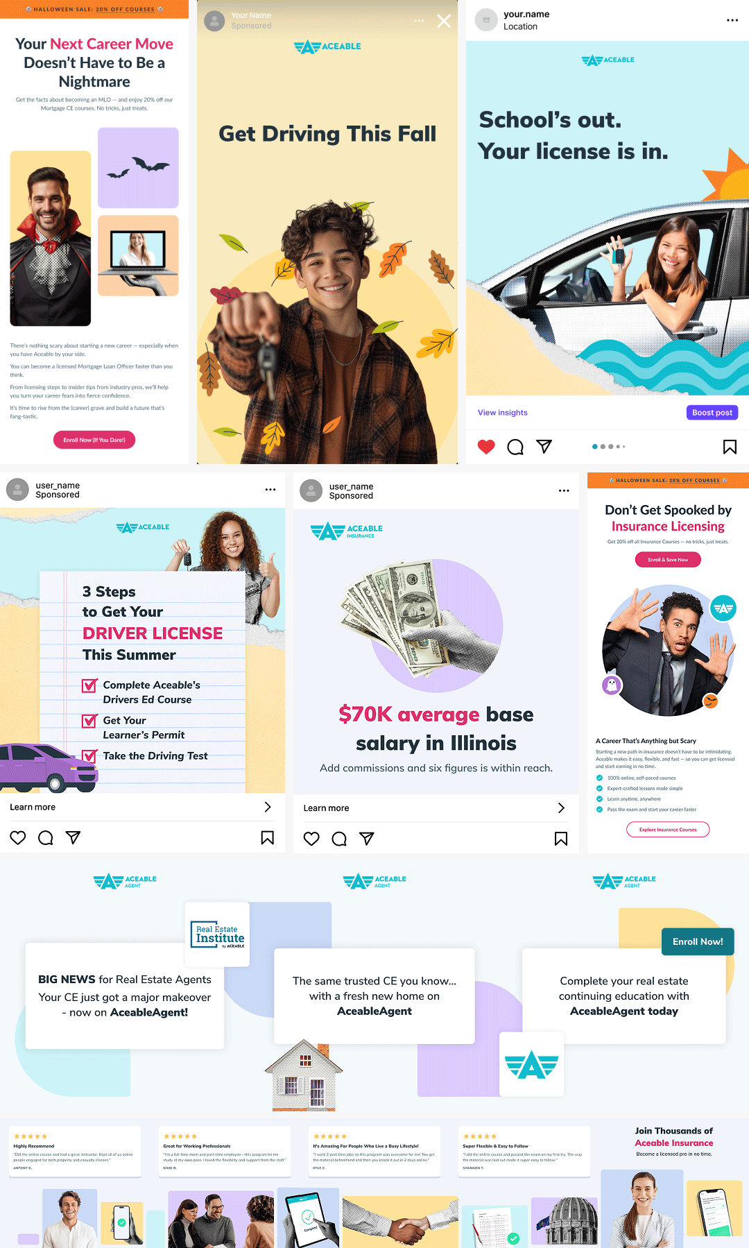 Image grid showcasing a collection of mixed media assets designed for various platforms, including emails, Instagram stories and posts, TikTok videos, and Facebook ads. The visuals combine photography and vector graphics to create cohesive, branded content