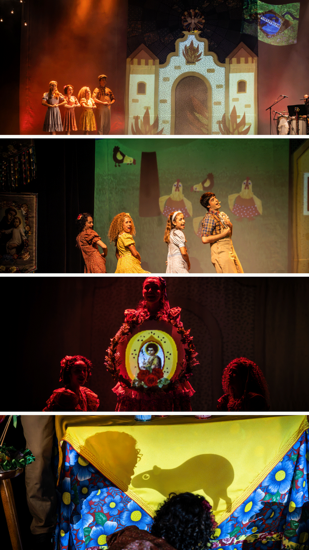Actors performing in Villa-Lobos Cantigas & Crianças with colorful animated projections inspired by Brazilian folk art.