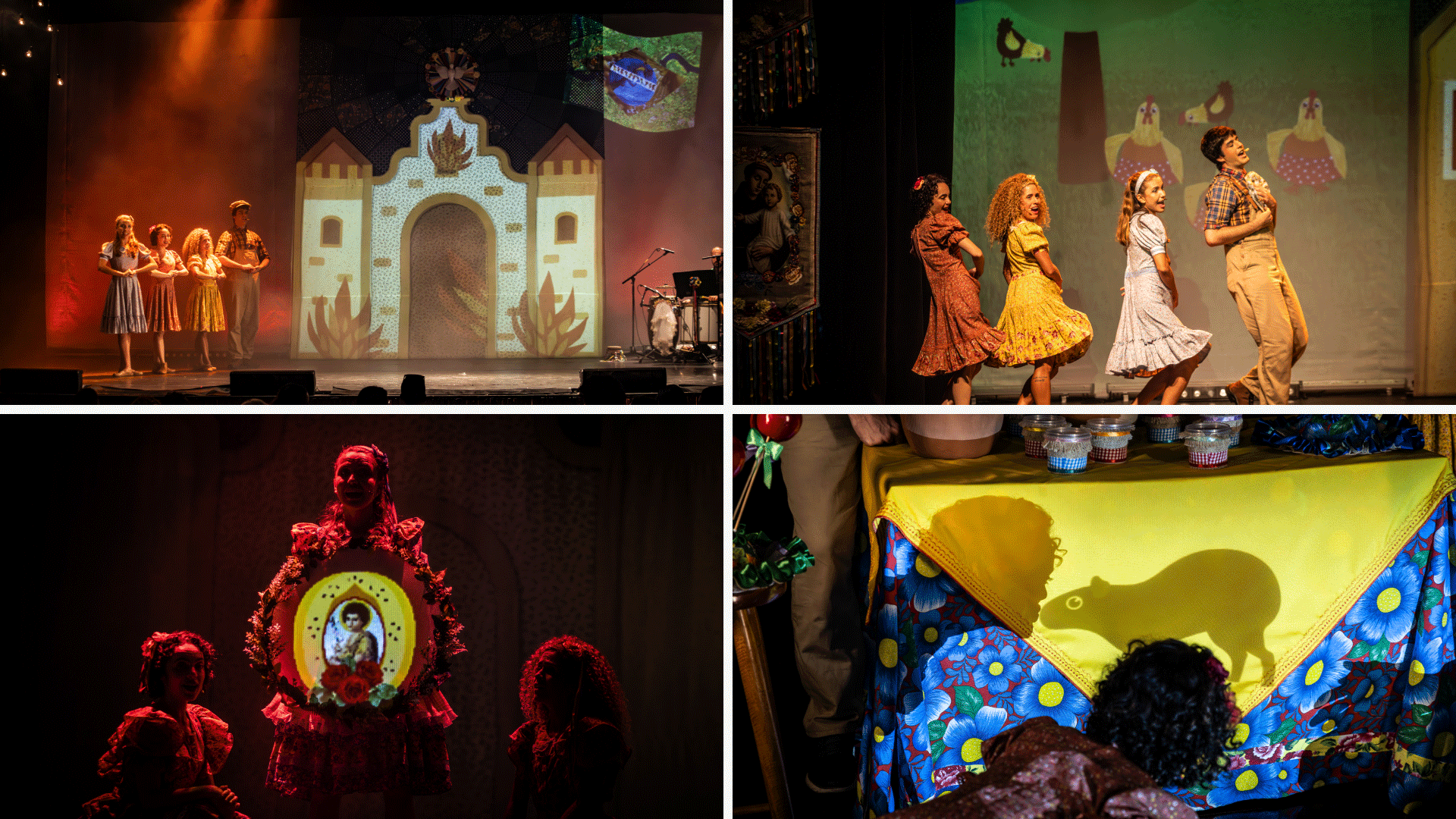 Actors performing in Villa-Lobos Cantigas & Crianças with colorful animated projections inspired by Brazilian folk art.