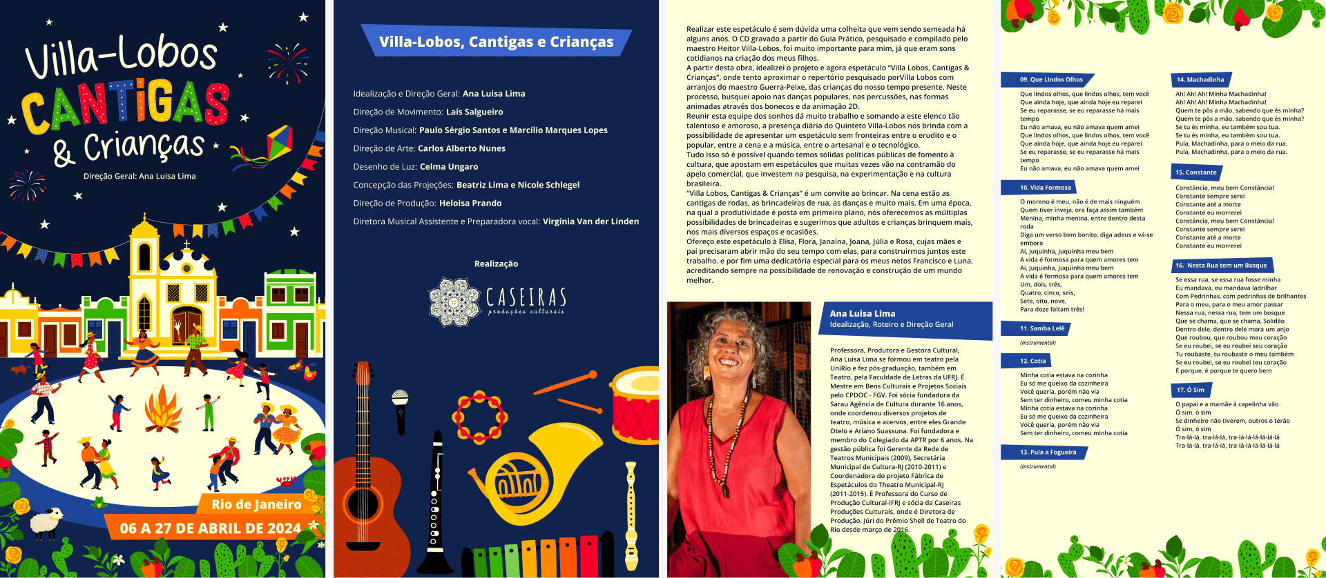 Screens from the digital program for Villa-Lobos Cantigas & Crianças, featuring colorful layouts, cast bios, and illustrations in a vertical mobile format.