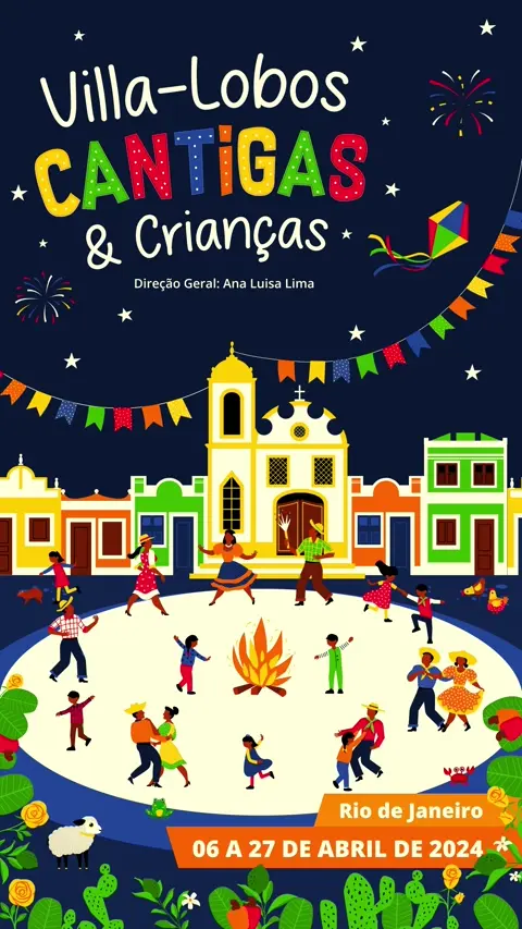 Screens from the digital program for Villa-Lobos Cantigas & Crianças, featuring colorful layouts, cast bios, and illustrations in a vertical mobile format.