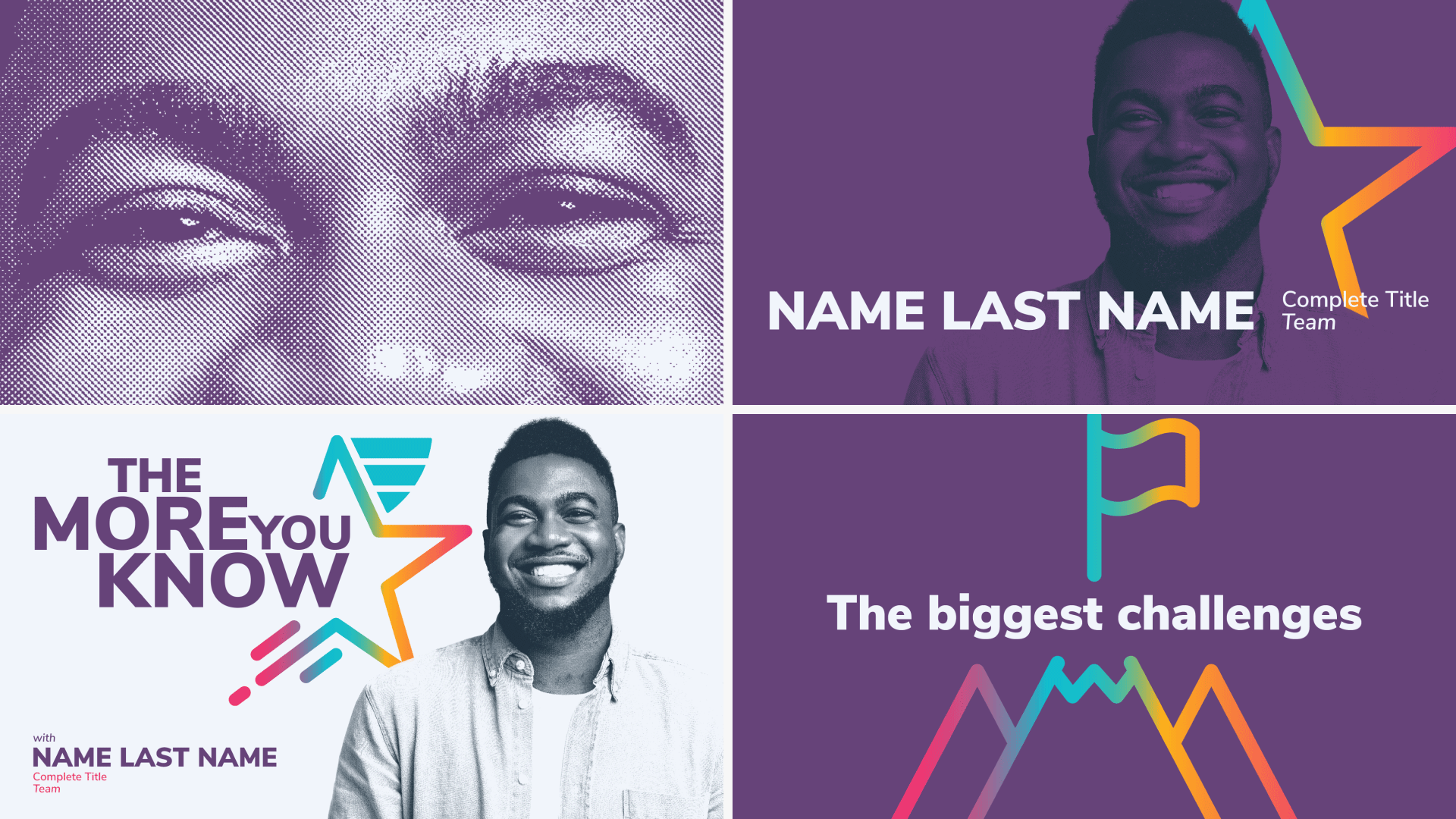 Style frames for The More You Know series showing colorful layouts, halftone textures, and graphic elements inspired by classic game shows.