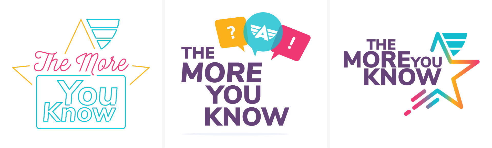 Three logo concepts for The More You Know series, exploring different typography, and game show–inspired styles.