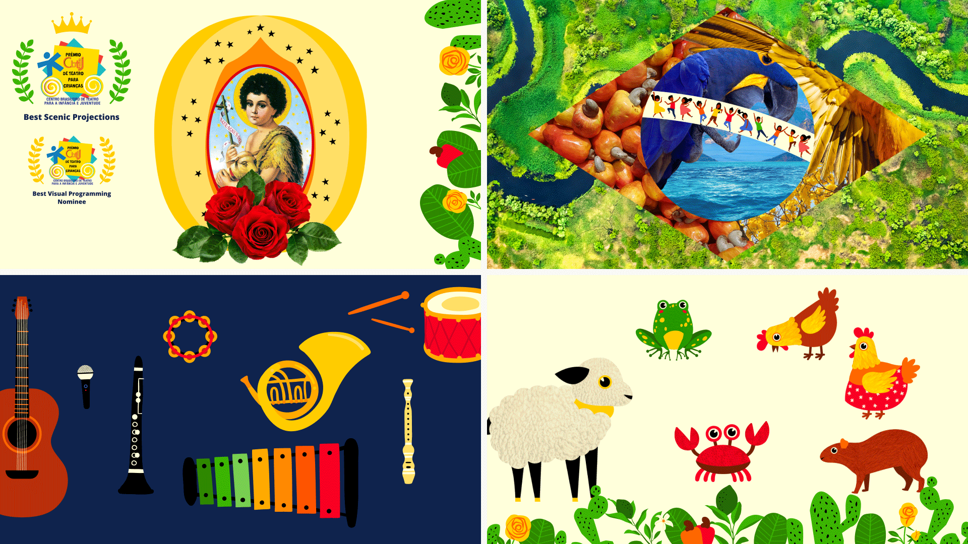 Playful illustrations for Villa-Lobos Cantigas & Crianças featuring animals, musical instruments, Brazil’s flag collage, and a decorative melon chapel (‘capelinha de melão’).