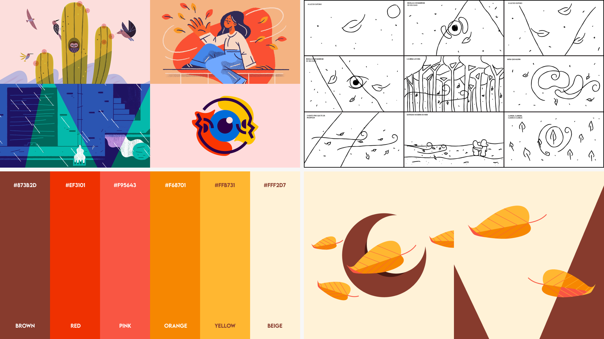Collage showing the project’s visual development: reference images, initial hand-drawn sketches, the chosen autumn-inspired color palette, and early style frames.