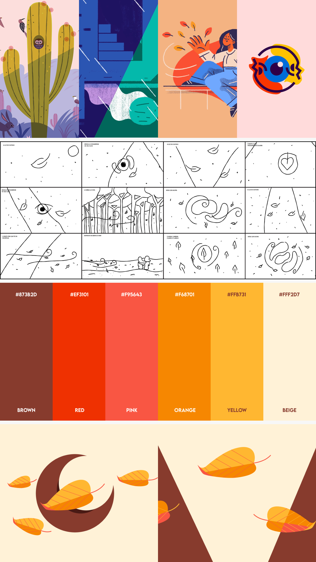 Collage showing the project’s visual development: reference images, initial hand-drawn sketches, the chosen autumn-inspired color palette, and early style frames.