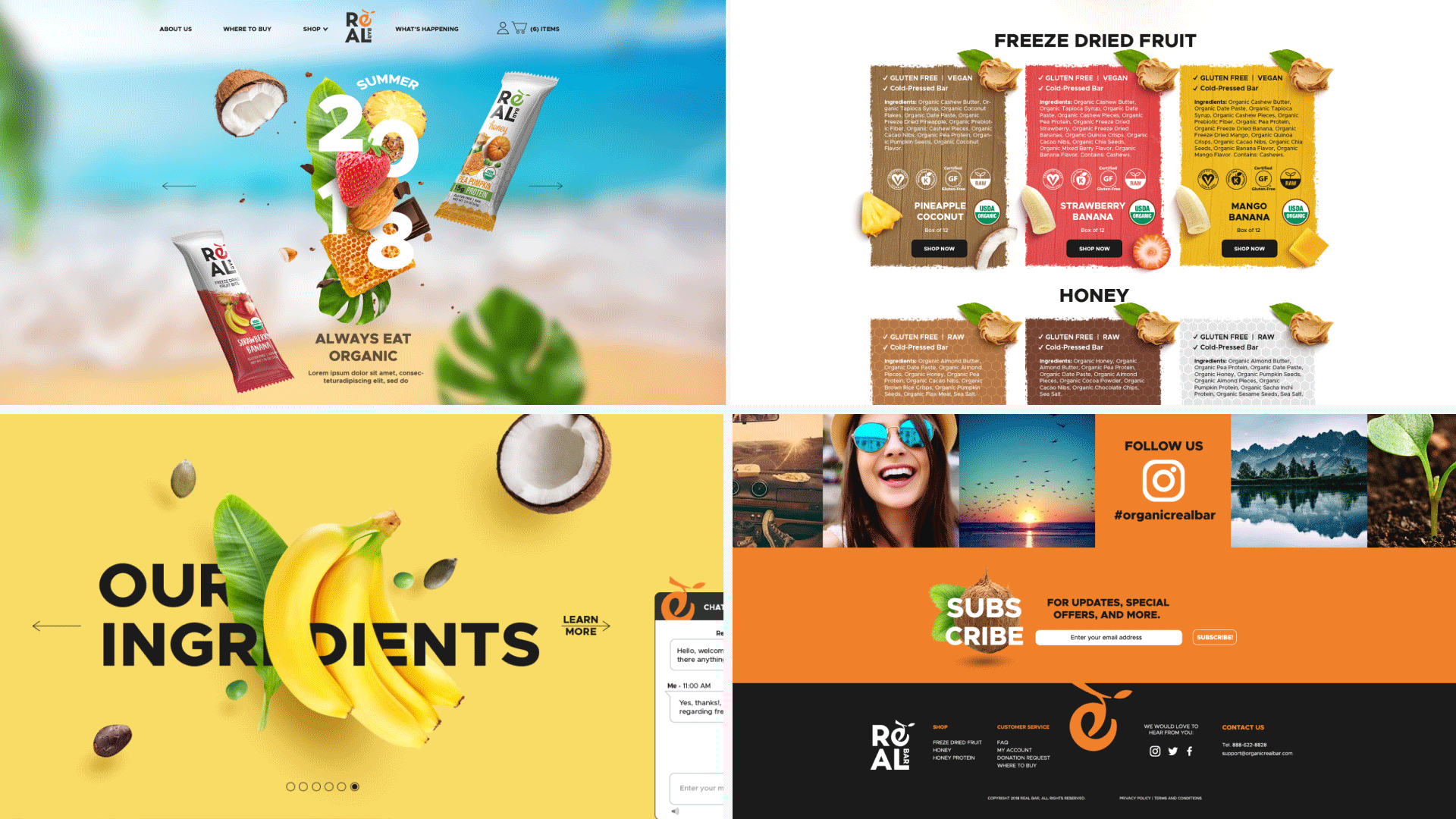 A set of Real Bar website screenshots featuring product packaging, ingredient visuals, and clean, minimal brand sections.