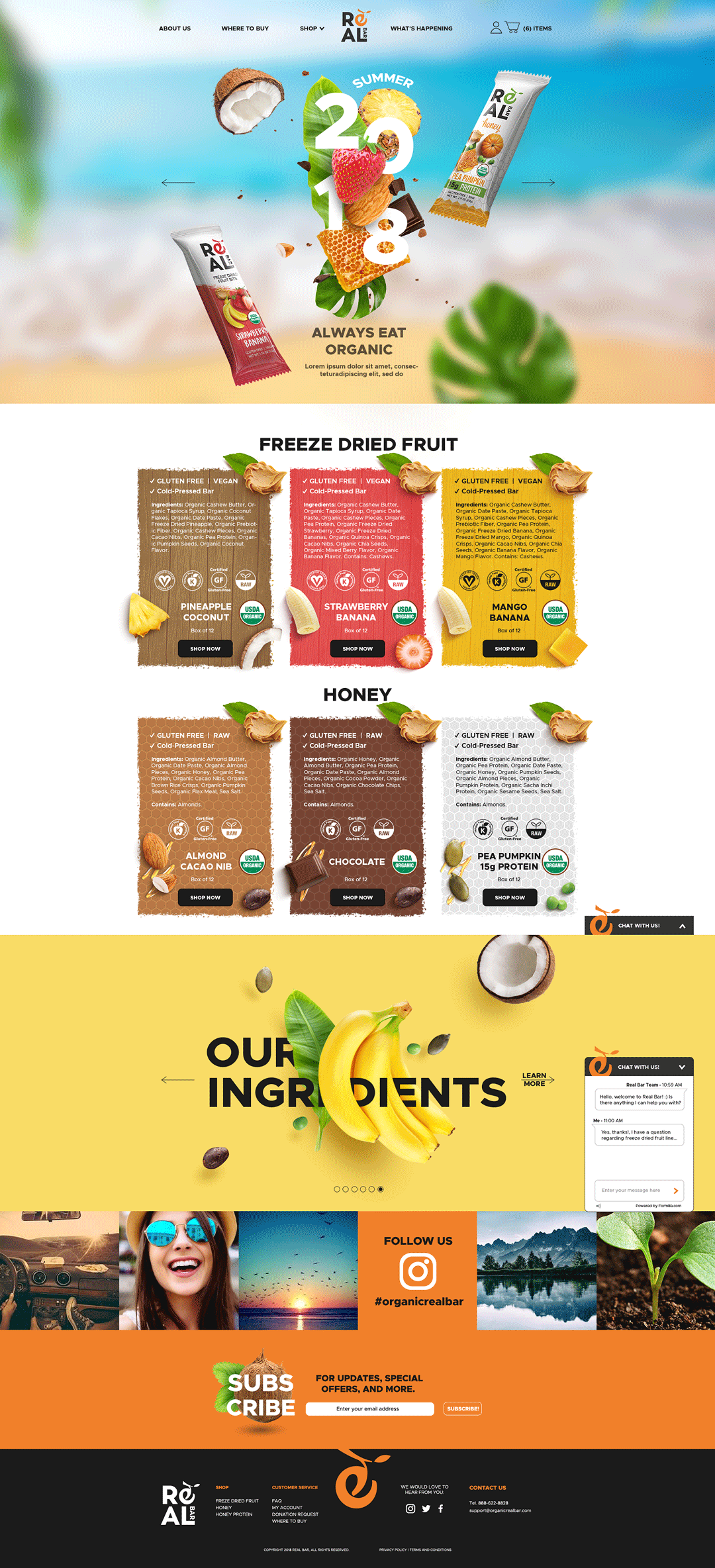 Real Bar website screenshot featuring product packaging, ingredient visuals, and clean, minimal brand sections.