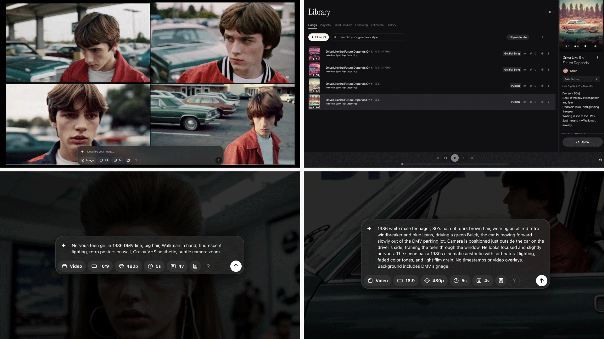 Collage showing prompts, inputs, and AI-generated outputs from Sora and Suno.