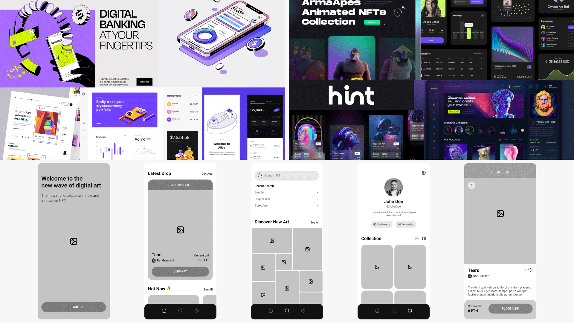 Side-by-side view of the project moodboards and the original wireframes provided for the Moon app design.