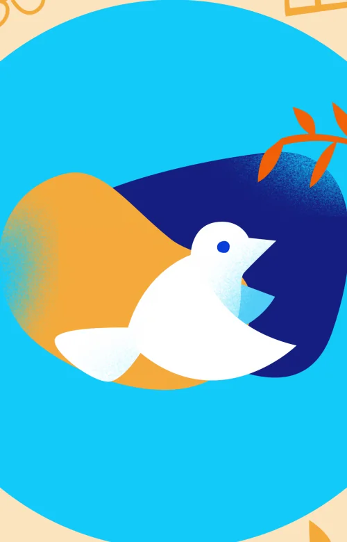 Animated GIF of a white dove flying across the screen as various religious symbols spin in circular patterns around it.