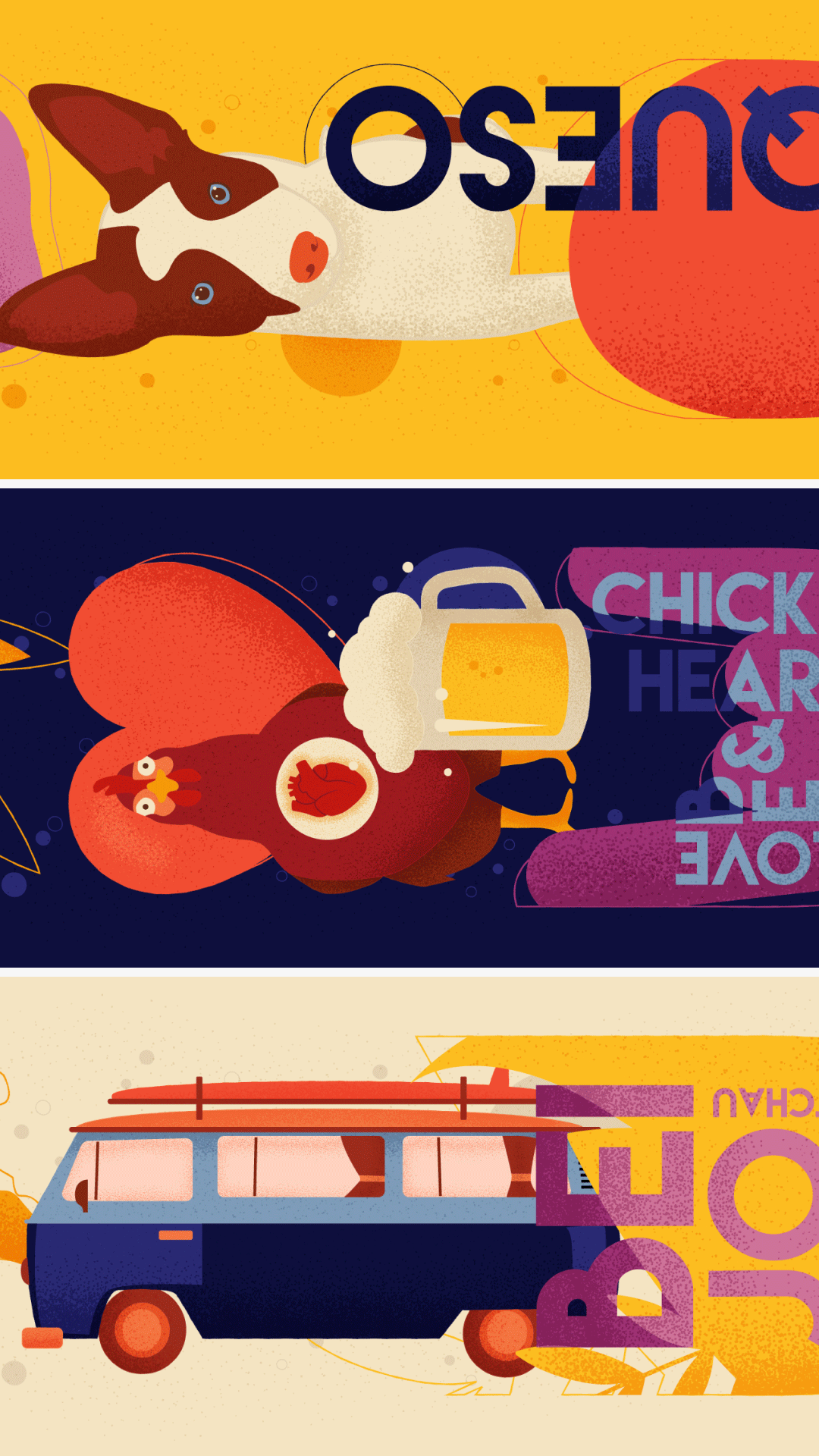 Close-up of the skateboard deck designs, showing bold colors, textured details, and illustrated motifs.