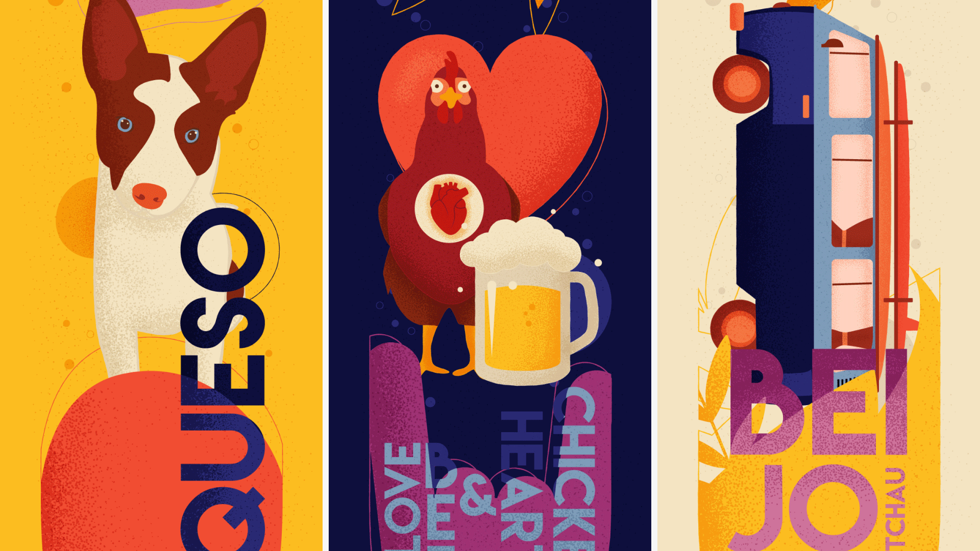 Close-up of the skateboard deck designs, showing bold colors, textured details, and illustrated motifs.