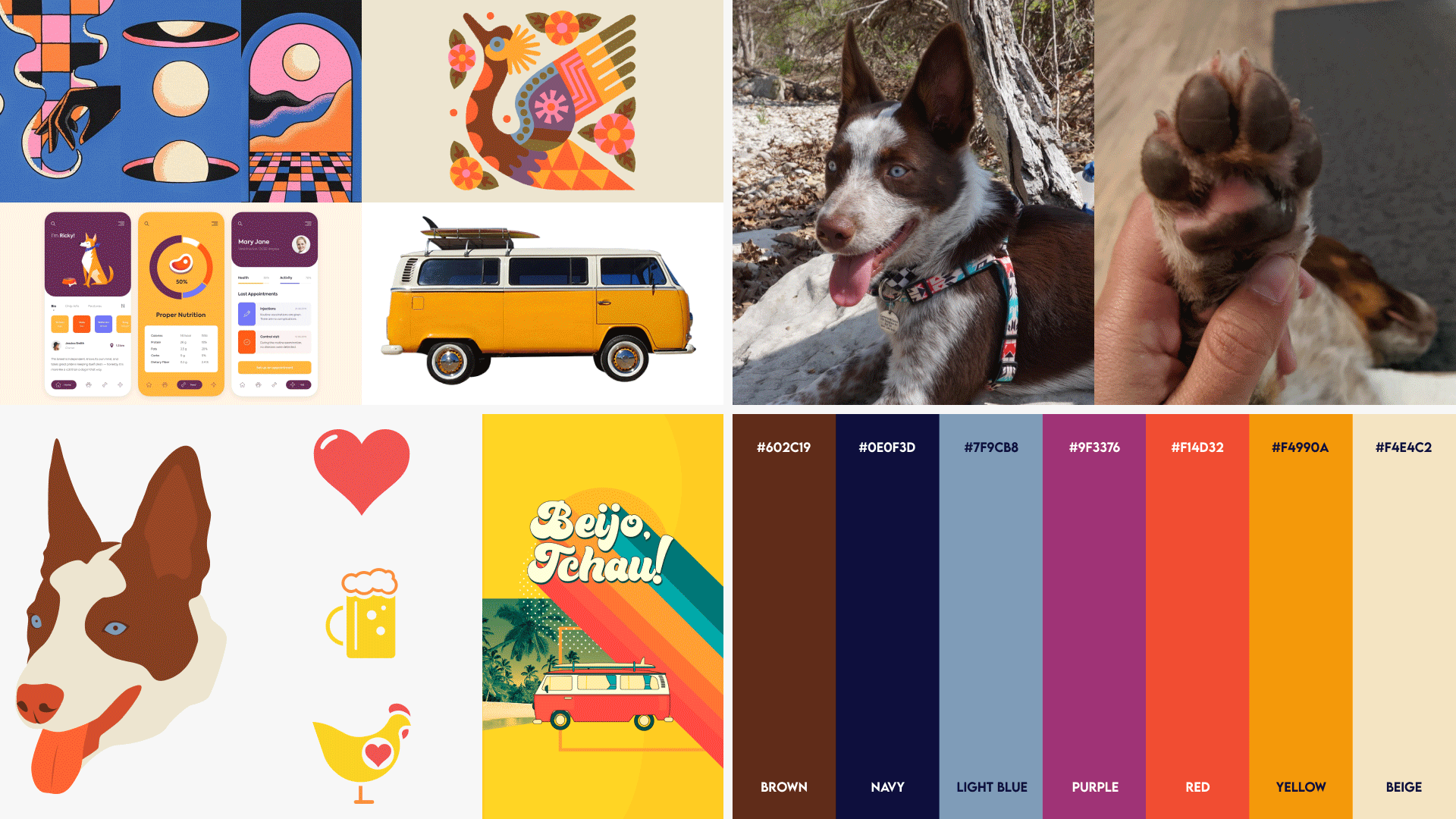 Design references, early illustration sketches, and the selected color palette used to develop the skateboard deck series.