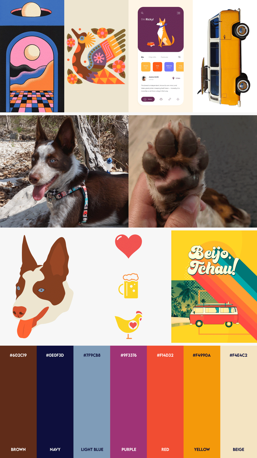 Design references, early illustration sketches, and the selected color palette used to develop the skateboard deck series.