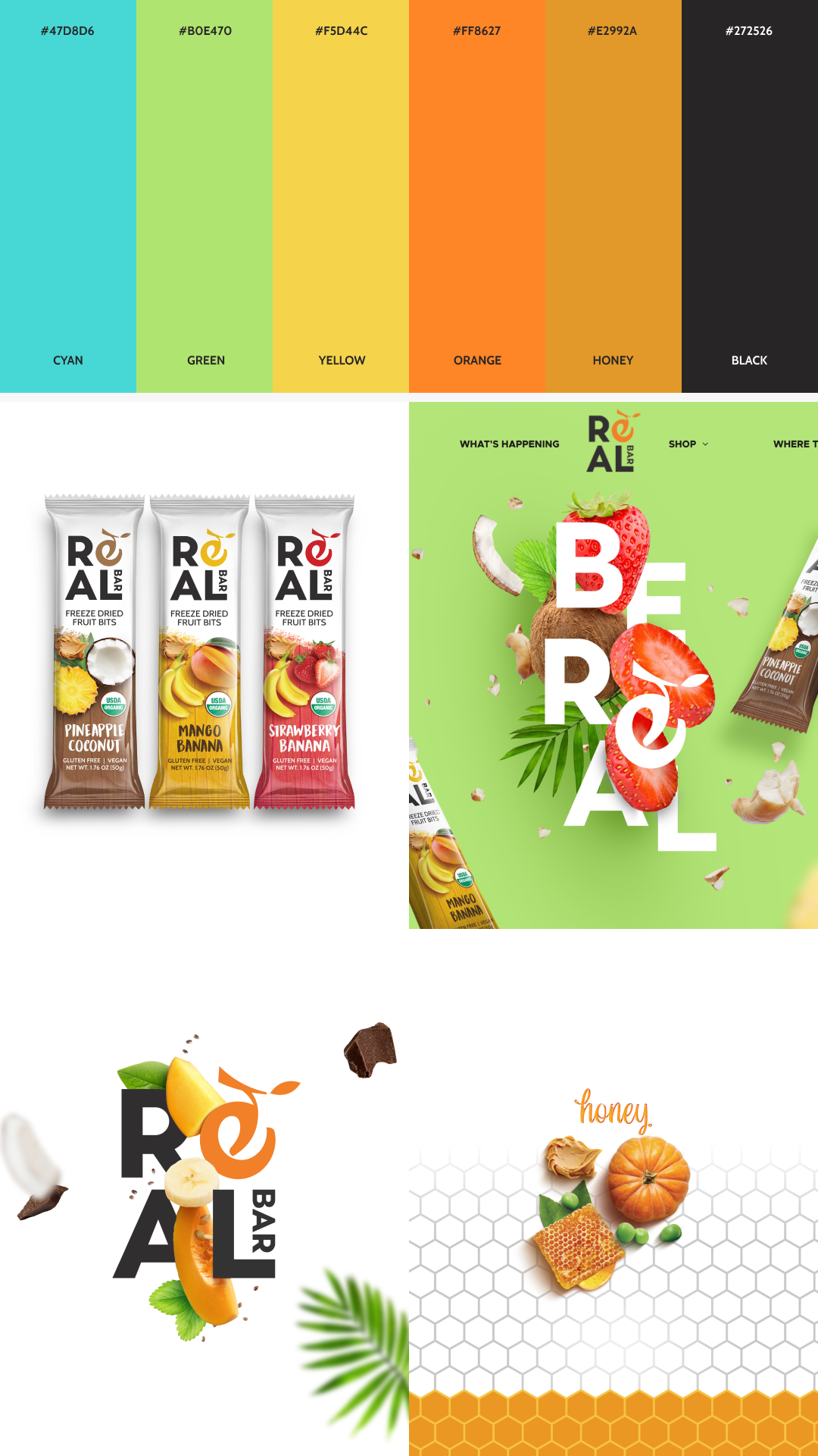 Color palette and reference assets used for the Real Bar ads, including artwork, product photos, and ingredient images.