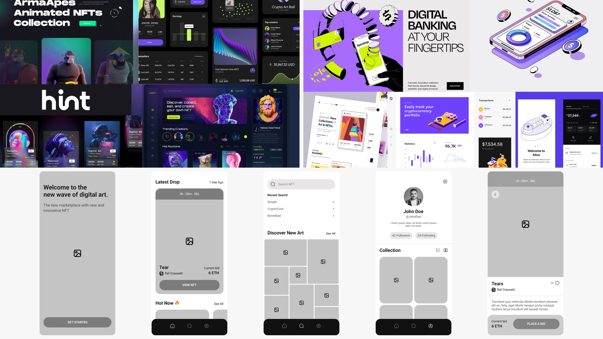 Side-by-side view of the project moodboards and the original wireframes provided for the Moon app design.