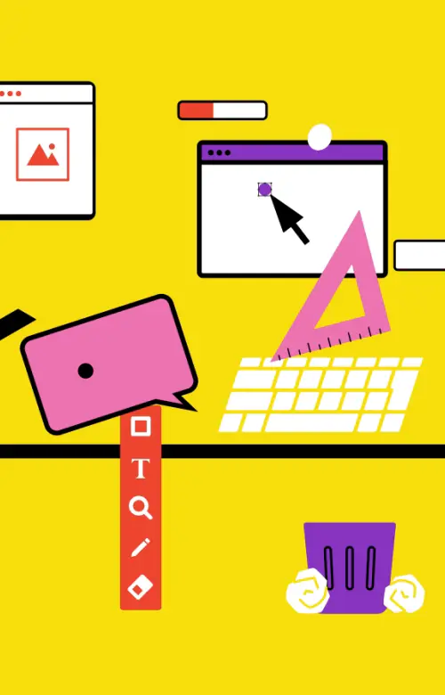 Animated gif of cluttered desktop elements, open tabs, crumpled paper, and a mouse cursor clearing everything away to reveal the DeskUnMess logo.