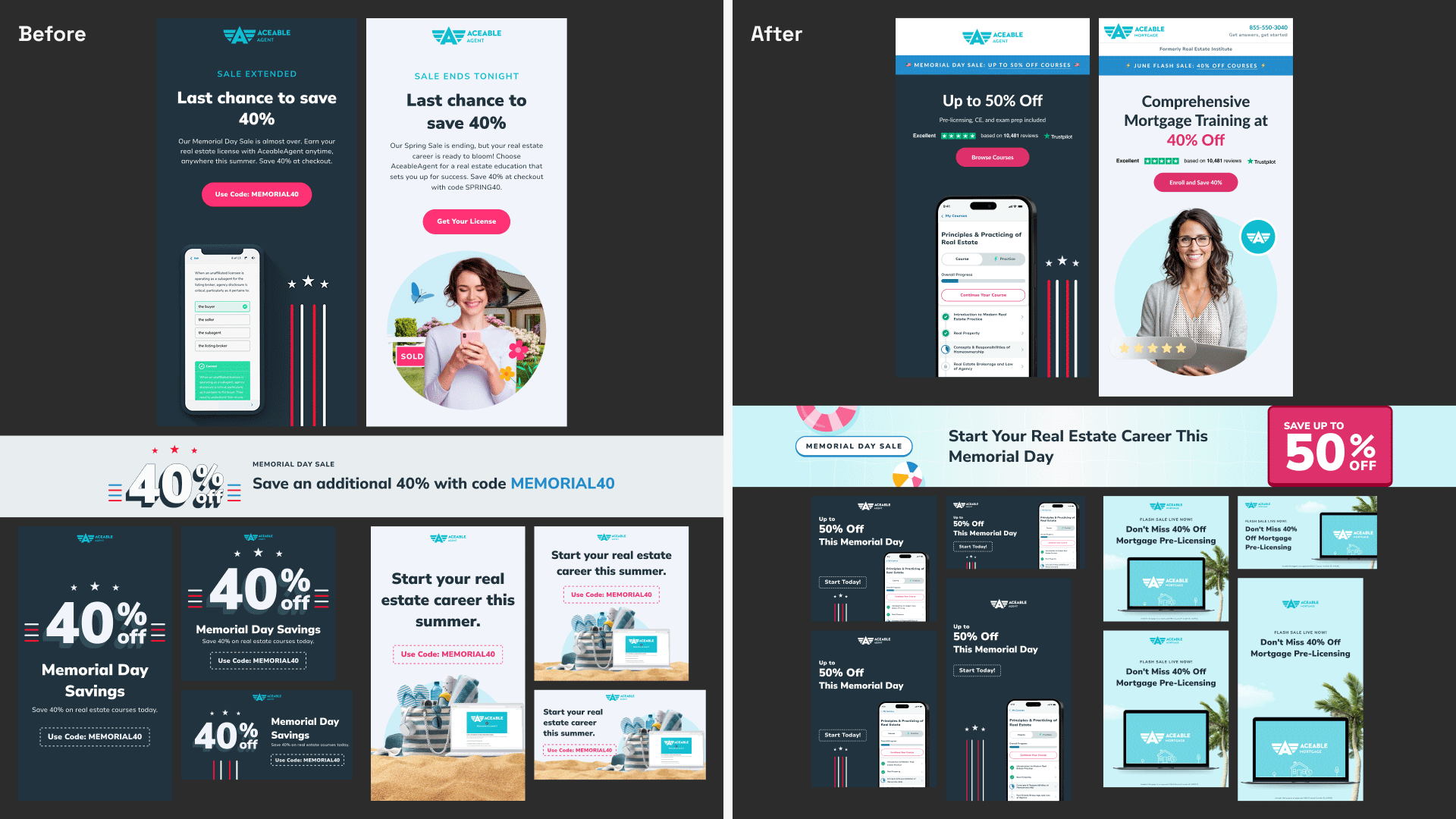 Before and after comparison of Aceable campaign assets, showing the visual evolution from inconsistent one-off designs to a cohesive, on-brand creative output.