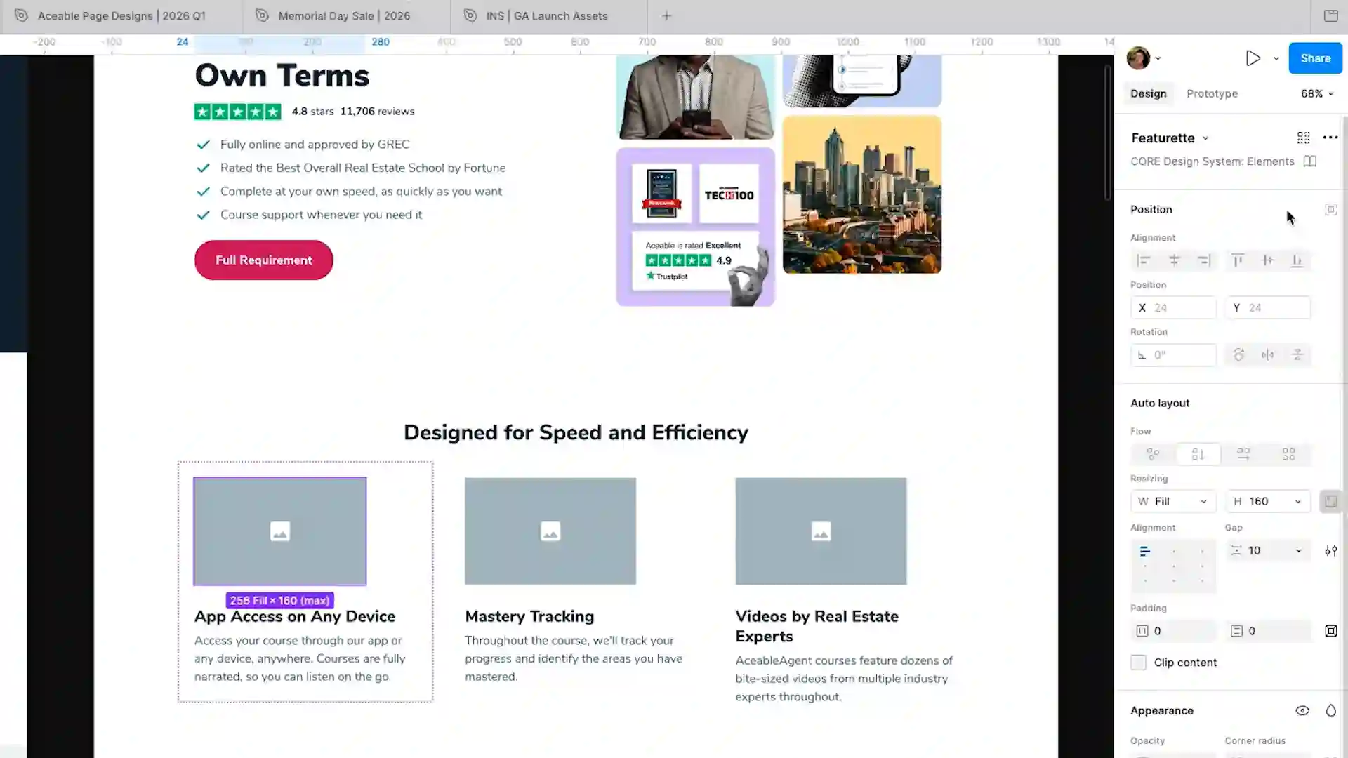 Time lapse of assets being pulled from the CORE Image Library in Figma directly into a page design, showing how the component-based library supports the design workflow.