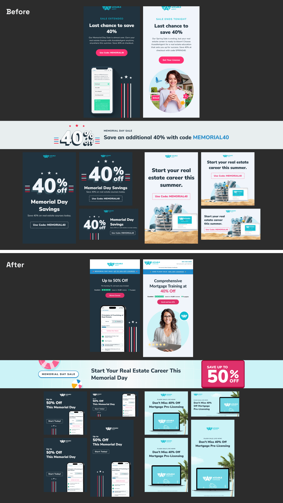 Before and after comparison of Aceable campaign assets, showing the visual evolution from inconsistent one-off designs to a cohesive, on-brand creative output.