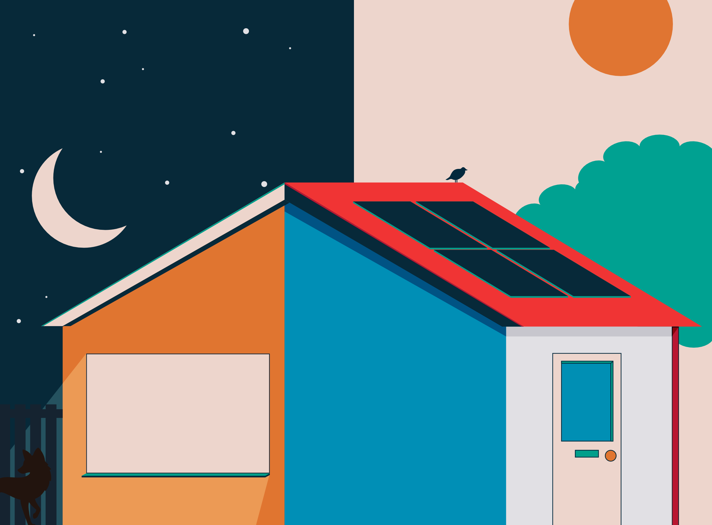 An illustration of a house, divided in two. The left hand half shows the house at night in winter, warm and comfortable inside. The right hand half shows the house in summer, with solar panels on the roof, staying cool inside.