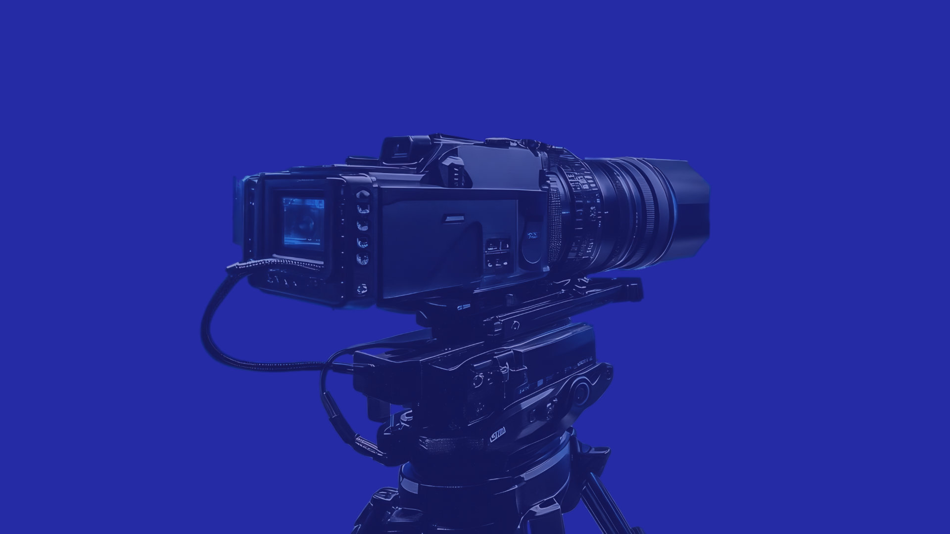 Professional video camera with attached lens mounted on tripod against a blue background.