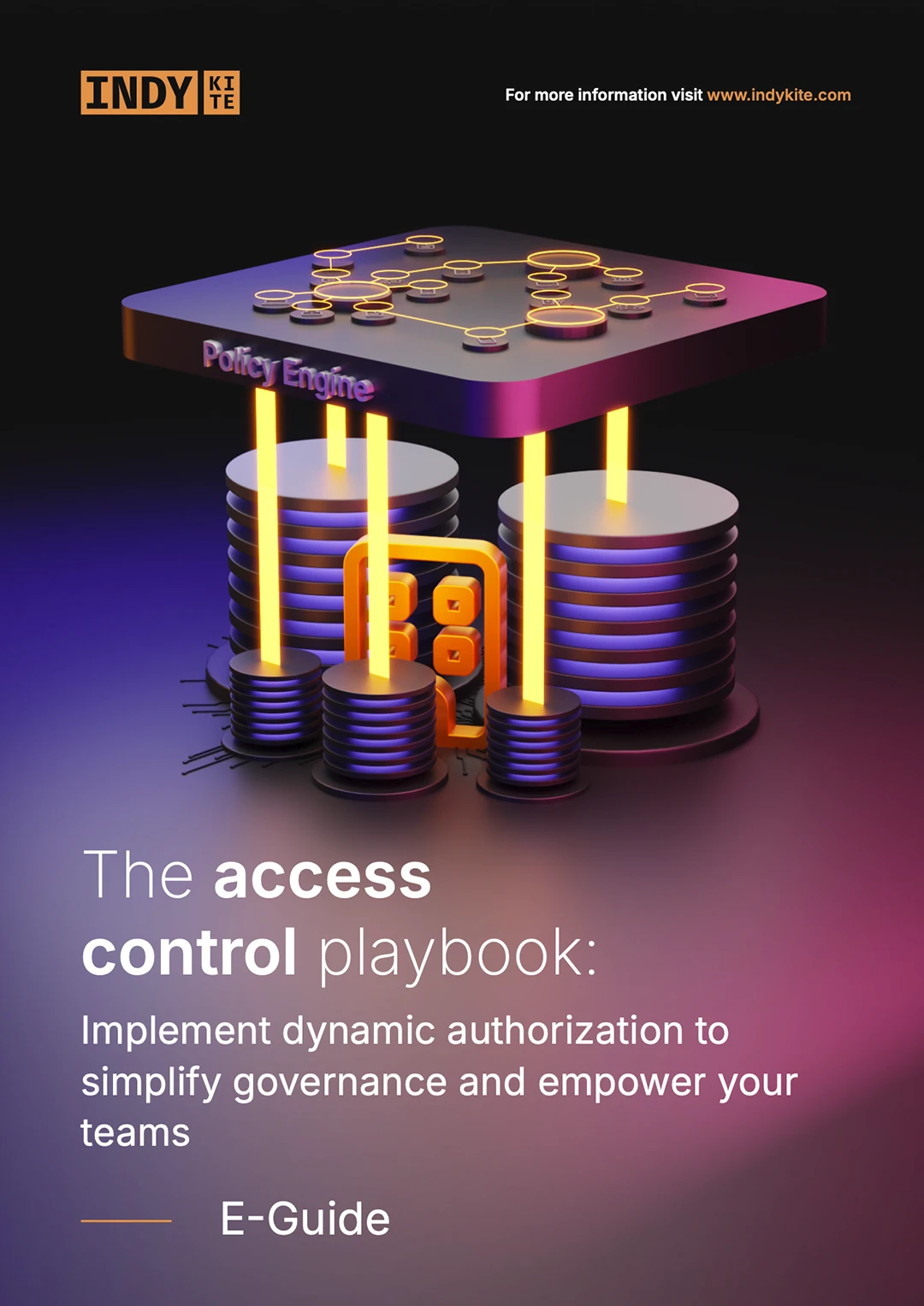 Cover image for the E-Guide: 'The access control playbook.' The graphic depicts a dark, cubic Policy Engine platform floating above glowing purple and orange data silos, with bright lines connecting the policy engine to the data stacks.