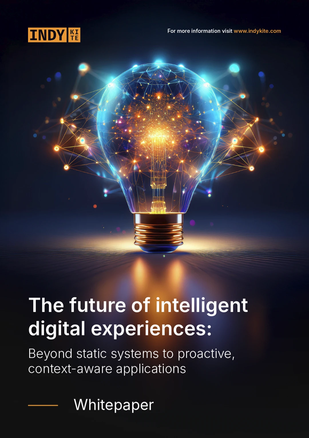 Cover image for the Whitepaper: 'The future of intelligent digital experiences.' The central image is a light bulb glowing with bright, network-connected data points, symbolizing innovation and intelligence.