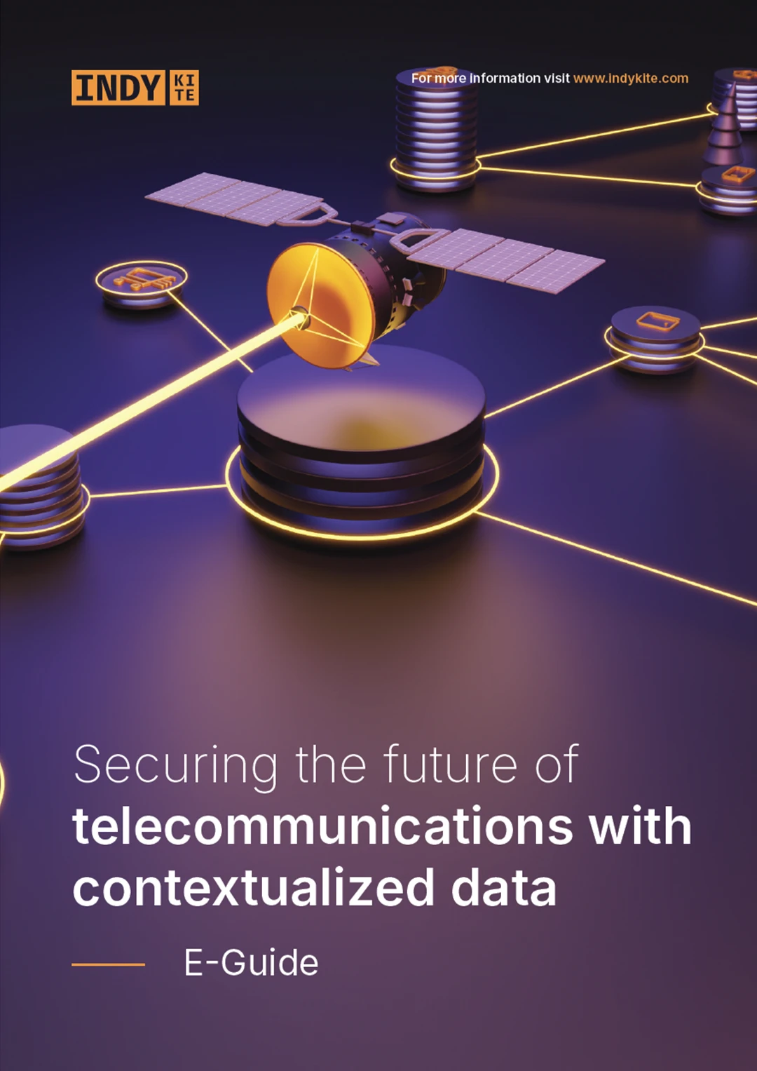 Cover image for the E-Guide: 'Securing the future of telecommunications with contextualized data.' The graphic shows a satellite communicating via glowing orange lines with several metallic data cylinders on a dark background.
