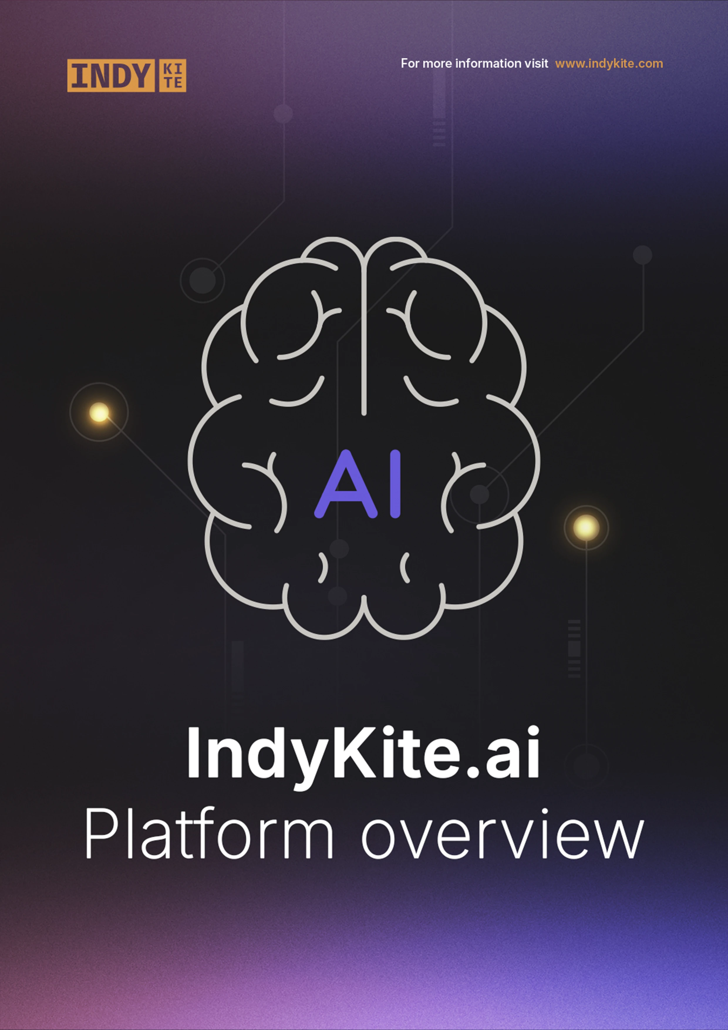 Platform overview cover for IndyKite.ai, titled 'IndyKite.ai Platform overview.' The background is a dark, abstract image with a simple white outline of a brain featuring the letters 'AI' in the center, surrounded by glowing data nodes and lines.