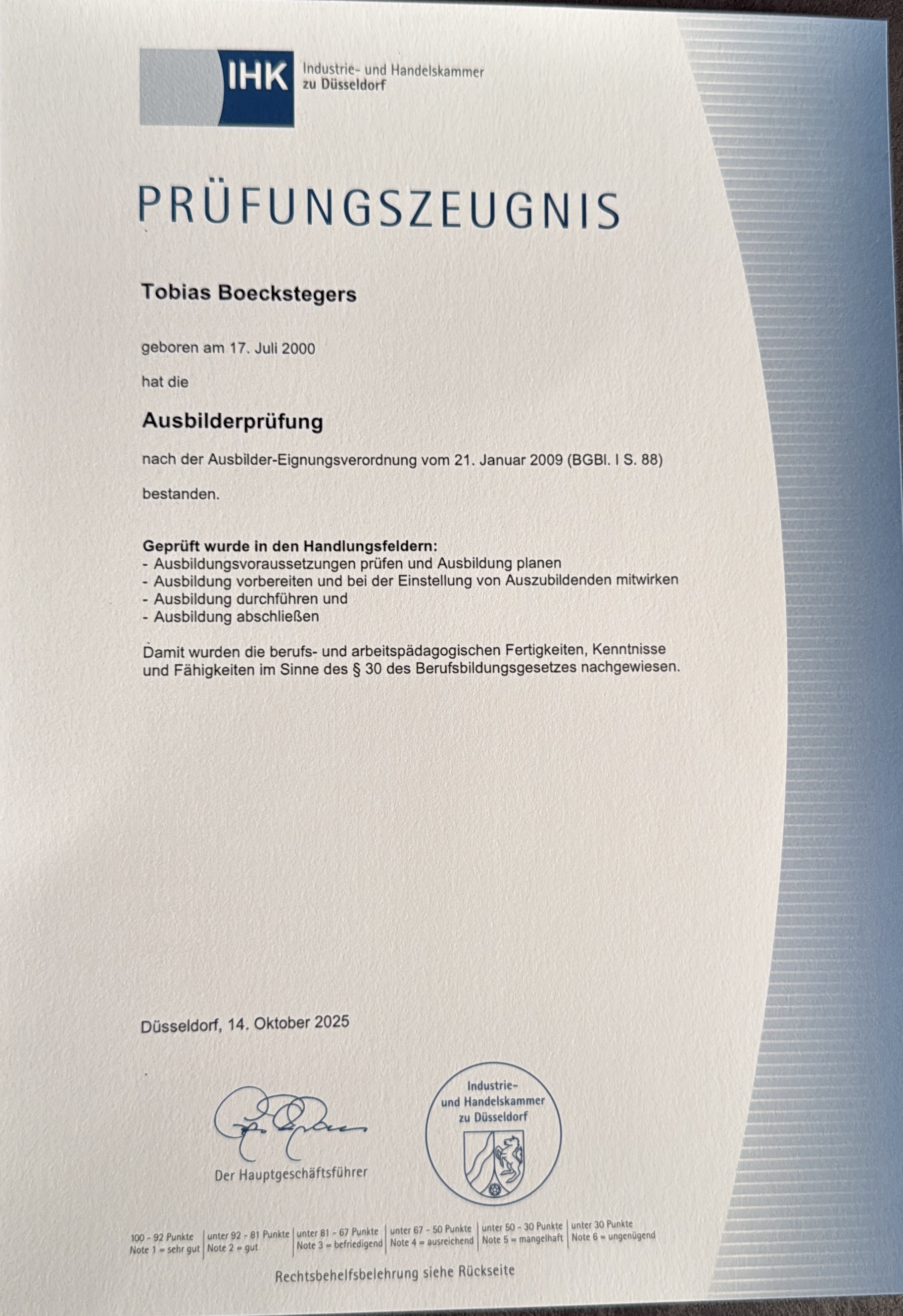 Zertifikat: bestandene Ausbilderprüfung