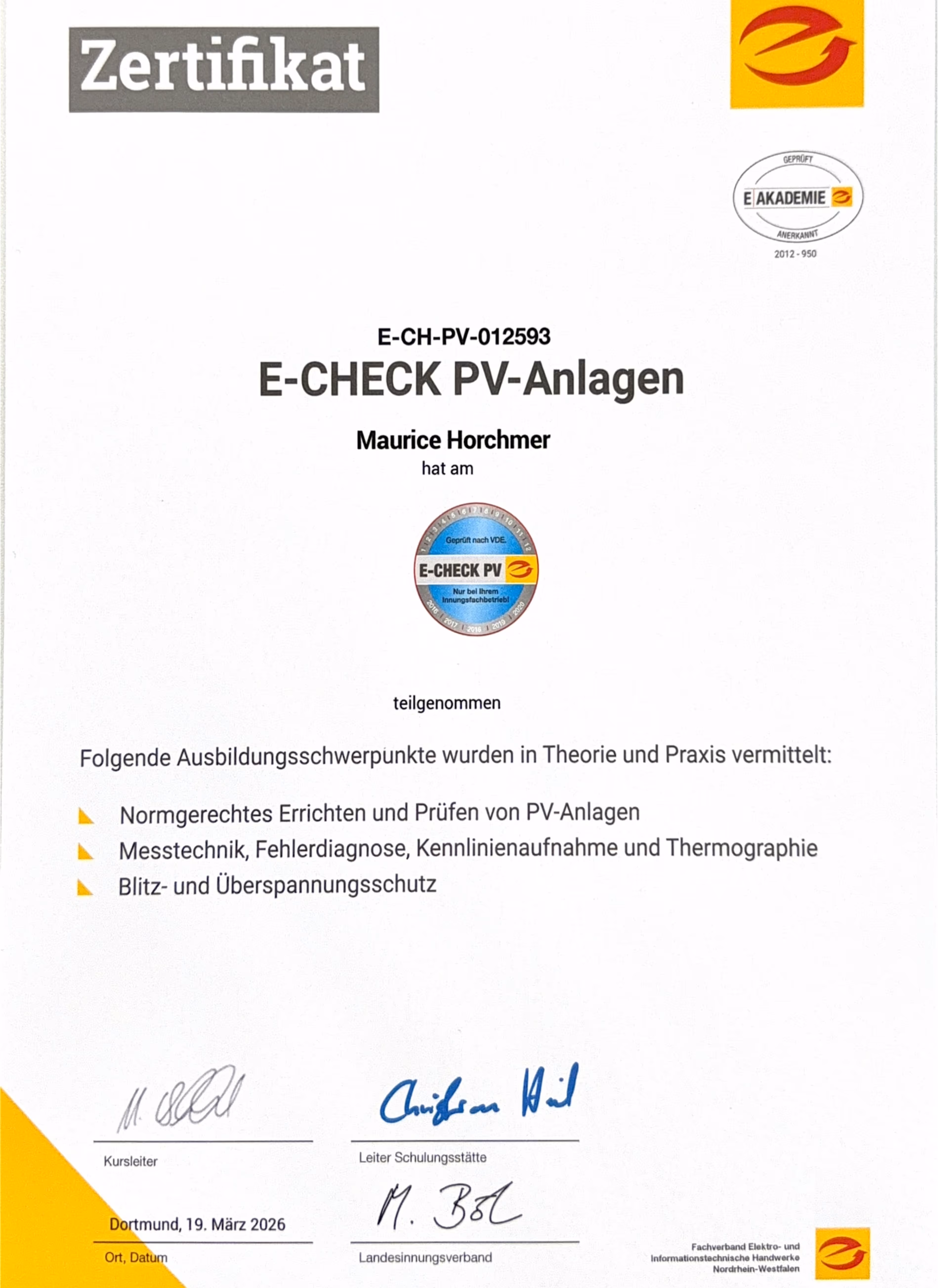 Zertifikat: E-CHECK PV-Anlagen nach VDE, Maurice Horchmer