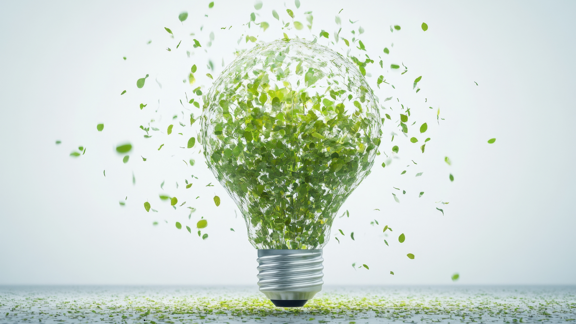 Light bulb made of green leaves with more leaves blowing around it, symbolizing eco-friendly energy.