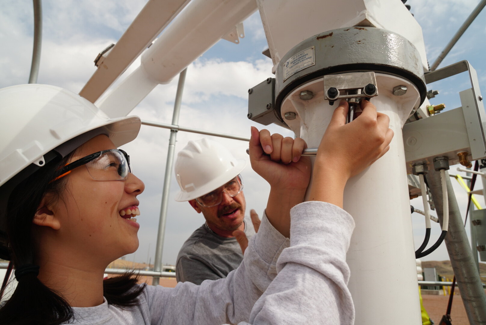 Our solar tracker stays on-sun with the guidance of GPS and the power of two independent motors which control elevation and azimuth. Adrienne and Huck handled the details of assembly.