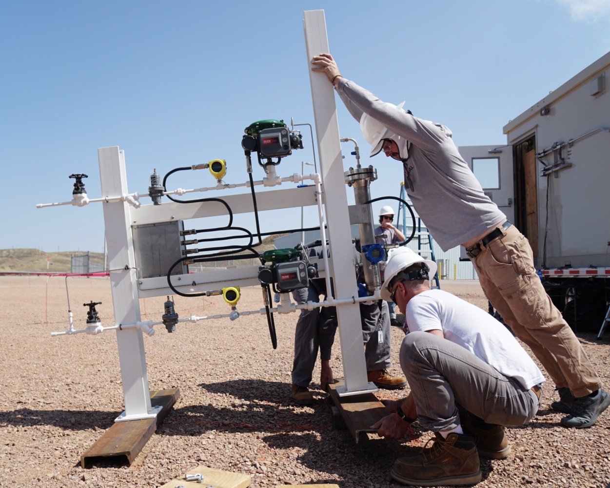 Our gas skid manages the inflows of carbon dioxide and hydrogen as they enter the reactor, and the outflows of syngas which the reactor produces.  