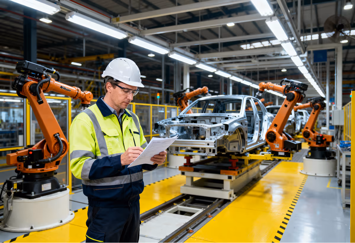 Ingenieur mit Schutzhelm und Warnweste überprüft Dokumente vor einer Autofabrik mit Robotern, die Autokarosserien montieren.