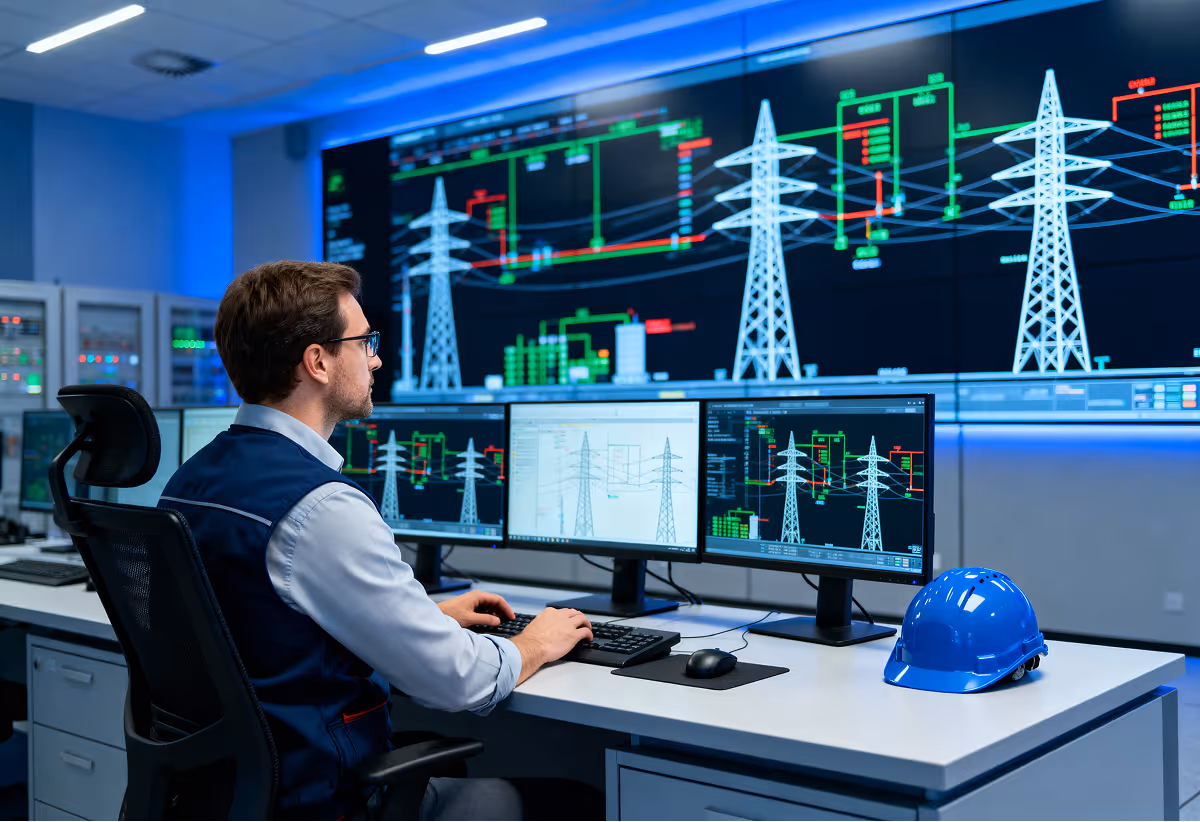 Mann in Kontrollraum überwacht Energieübertragung auf mehreren Monitoren mit Strommasten- und Leitungsdiagrammen.